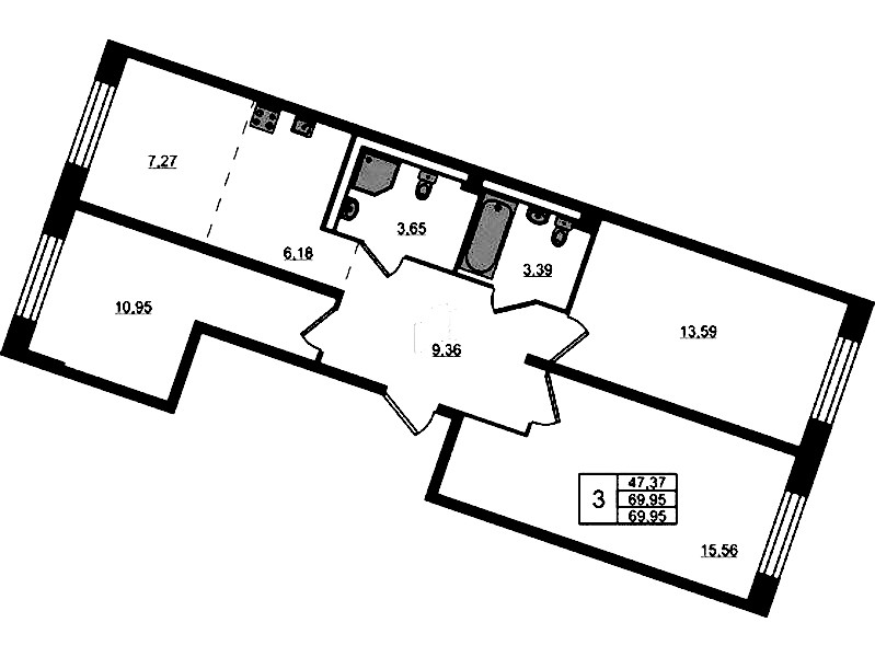 3-комнатная квартира 69.95 м², 1/9 эт., ЖК «Квартал Лаголово»